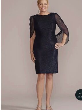 Elegant Navy Sheath Dress with Sheer Cape Sleeves